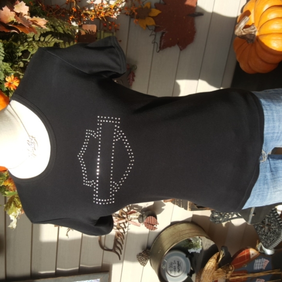 HARLEY-DAVIDSON ♡ Sweet Vintage Black w/Silver Studded Bar 'n Shield H-D Top L - Picture 6 of 16